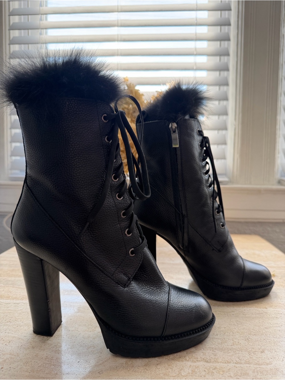 Poletto Black Leather Fur-Lined Lace-Up Military-Styled Heeled Boots EU 39 US 8